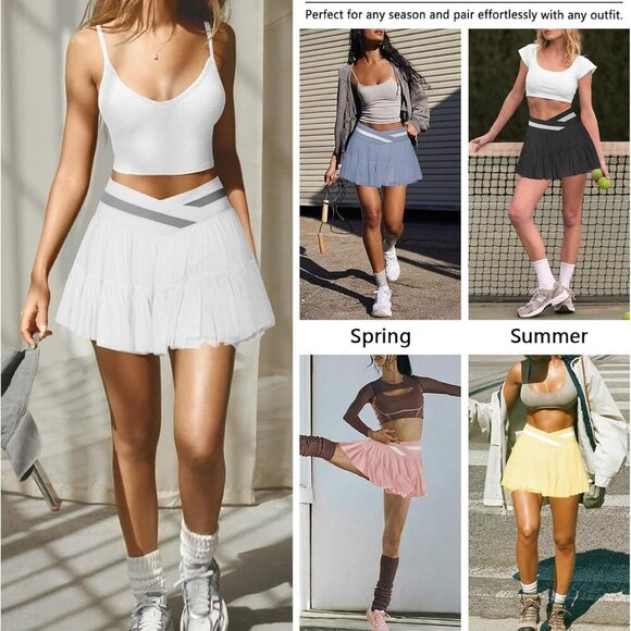 White Women's Mini Pleated Flowy Ruffle Tennis Skirt with Shorts Pockets - Picture 6 of 6
